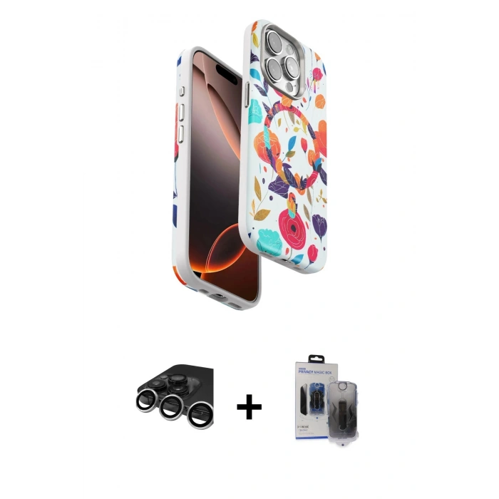 MARSİLYAN™- iPhone 15 Pro Max Kılıf Siluet Doku - Siyah Vanessa Magic Hayalet Cam + Gümüş Raze Metal Kamera Lens