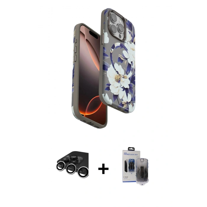 MARSİLYAN™- iPhone 15 Pro Max Kılıf Siluet Doku - Siyah Vanessa Magic Hayalet Cam + Gümüş Raze Metal Kamera Lens