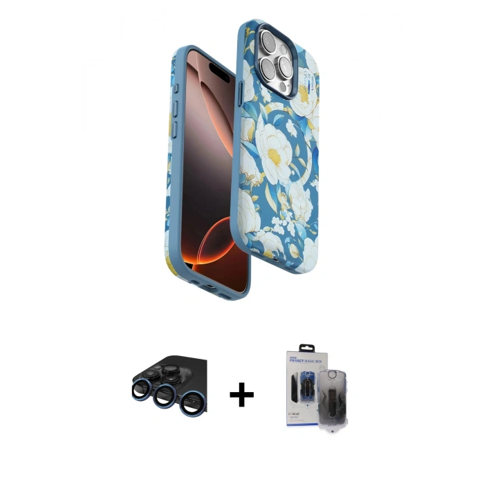 MARSİLYAN™- iPhone 15 Pro Max Kılıf Siluet Doku - Siyah Vanessa Magic Hayalet Cam + Lacivert Raze Metal Kamera Lens
