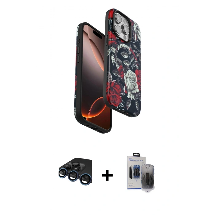 MARSİLYAN™- iPhone 15 Pro Max Kılıf Siluet Doku - Siyah Vanessa Magic Hayalet Cam + Lacivert Raze Metal Kamera Lens