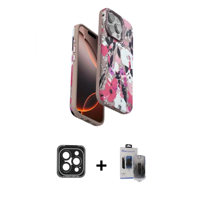MARSİLYAN™- iPhone 15 Pro Max Kılıf Siluet Doku - Siyah Vanessa Magic Hayalet Cam + PVD Metal Kamera Lens - SH