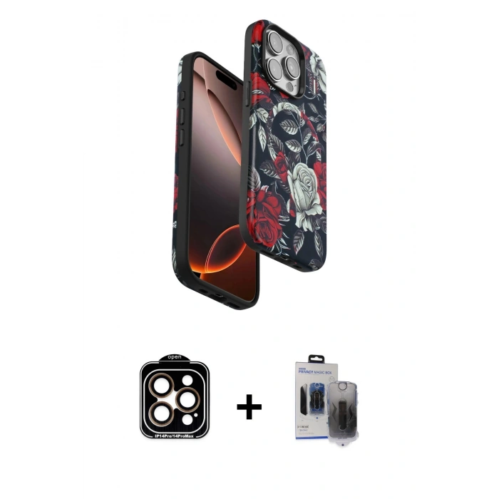 MARSİLYAN™- iPhone 15 Pro Max Kılıf Siluet Doku - Siyah Vanessa Magic Hayalet Cam + PVD Metal Kamera Lens - TU