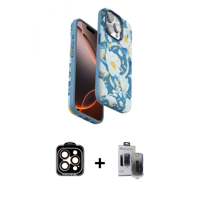 MARSİLYAN™- iPhone 15 Pro Max Kılıf Siluet Doku - Siyah Vanessa Magic Hayalet Cam + PVD Metal Kamera Lens - TU