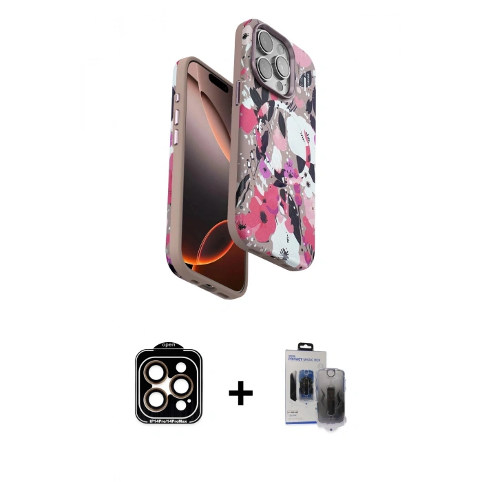 MARSİLYAN™- iPhone 15 Pro Max Kılıf Siluet Doku - Siyah Vanessa Magic Hayalet Cam + PVD Metal Kamera Lens - TU