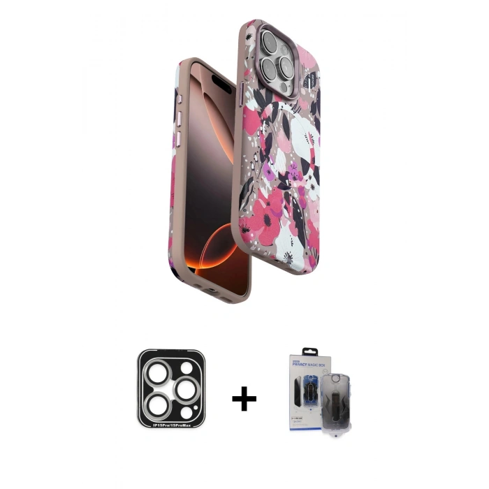 MARSİLYAN™- iPhone 15 Pro Max Kılıf Siluet Doku - Siyah Vanessa Magic Hayalet Cam + PVD Metal Kamera Lens - GS