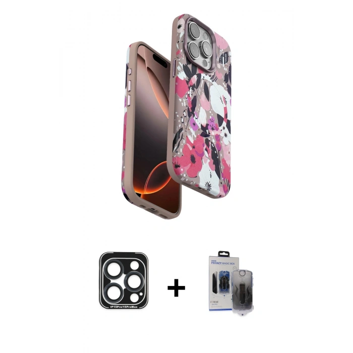 MARSİLYAN™- iPhone 15 Pro Max Kılıf Siluet Doku - Siyah Vanessa Magic Hayalet Cam + PVD Metal Kamera Lens - LT