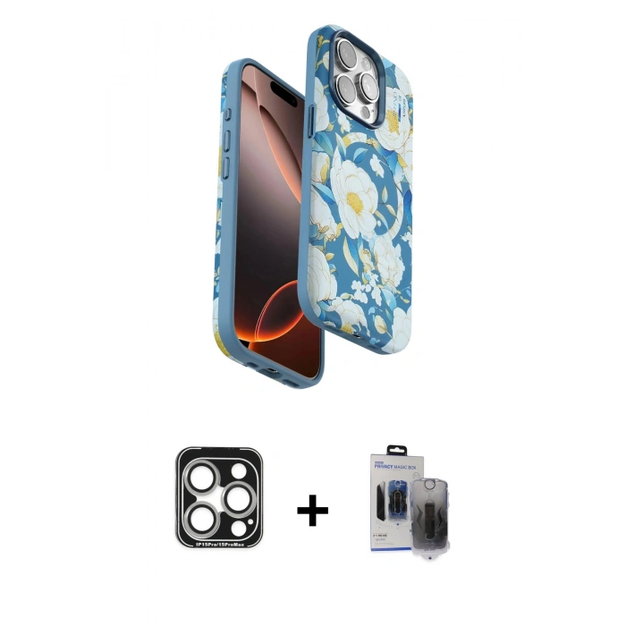 MARSİLYAN™- iPhone 15 Pro Max Kılıf Siluet Doku - Siyah Vanessa Magic Hayalet Cam + PVD Metal Kamera Lens - GS