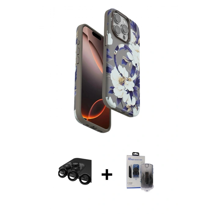 MARSİLYAN™- iPhone 15 Pro Max Kılıf Siluet Doku - Siyah Vanessa Magic Hayalet Cam + Raze Metal Kamera Lens - SH