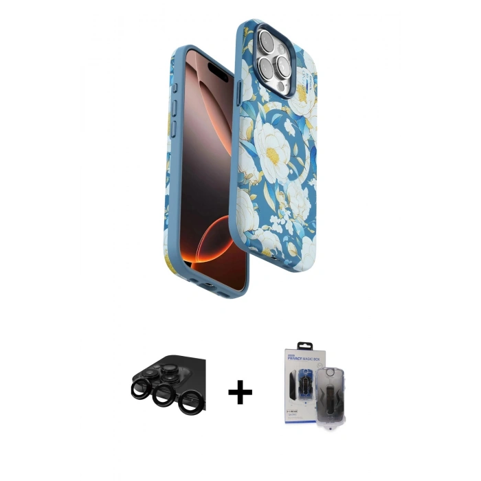 MARSİLYAN™- iPhone 15 Pro Max Kılıf Siluet Doku - Siyah Vanessa Magic Hayalet Cam + Raze Metal Kamera Lens - SH