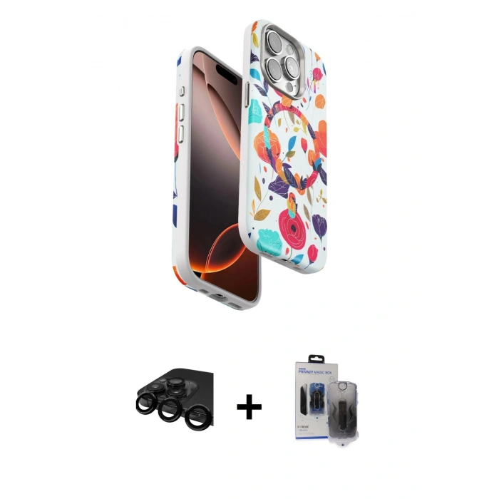 MARSİLYAN™- iPhone 15 Pro Max Kılıf Siluet Doku - Siyah Vanessa Magic Hayalet Cam + Raze Metal Kamera Lens - SH