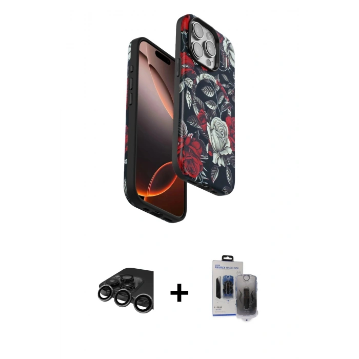 MARSİLYAN™- iPhone 15 Pro Max Kılıf Siluet Doku - Siyah Vanessa Magic Hayalet Cam + Titanyum Gri Raze Metal Kamera Lens