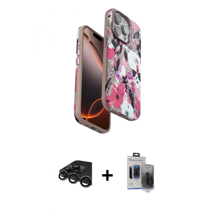 MARSİLYAN™- iPhone 15 Pro Max Kılıf Siluet Doku - Siyah Vanessa Magic Hayalet Cam + Titanyum Gri Raze Metal Kamera Lens