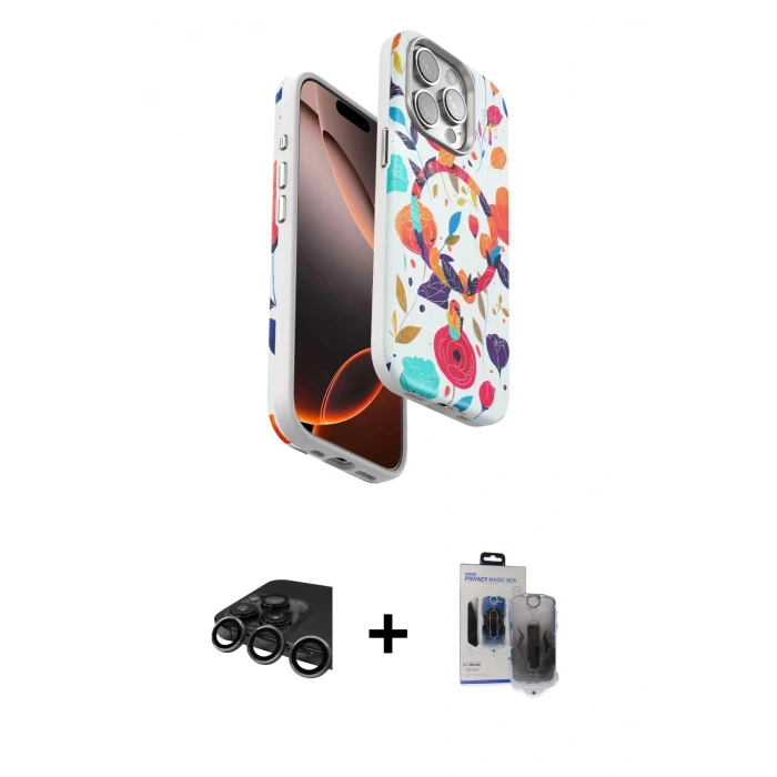 MARSİLYAN™- iPhone 15 Pro Max Kılıf Siluet Doku - Siyah Vanessa Magic Hayalet Cam + Titanyum Gri Raze Metal Kamera Lens