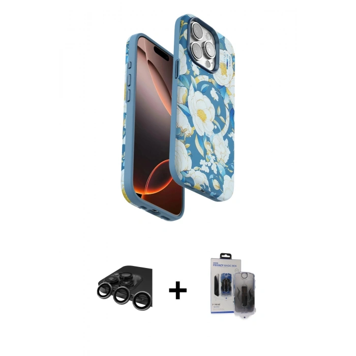 MARSİLYAN™- iPhone 15 Pro Max Kılıf Siluet Doku - Siyah Vanessa Magic Hayalet Cam + Titanyum Gri Raze Metal Kamera Lens
