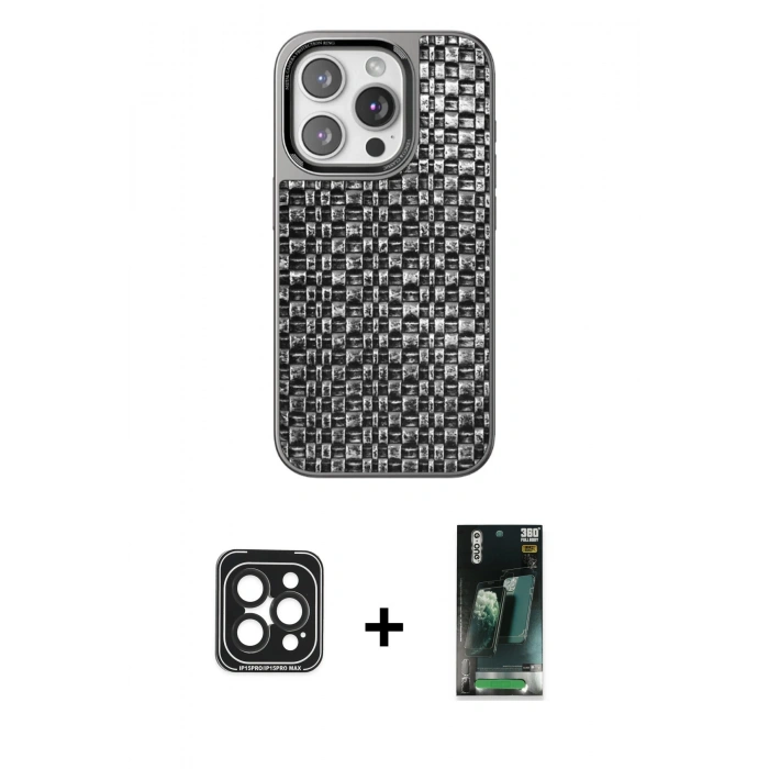 MARSİLYAN™- iPhone 15 Pro Max Kılıf Siluet Form Serisi - Şeffaf 360 Full Body Arka Koruyucu + PVD Metal Kamera Lens - SH