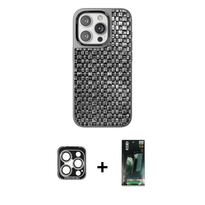 MARSİLYAN™- iPhone 15 Pro Max Kılıf Siluet Form Serisi - Şeffaf 360 Full Body Arka Koruyucu + PVD Metal Kamera Lens - GS