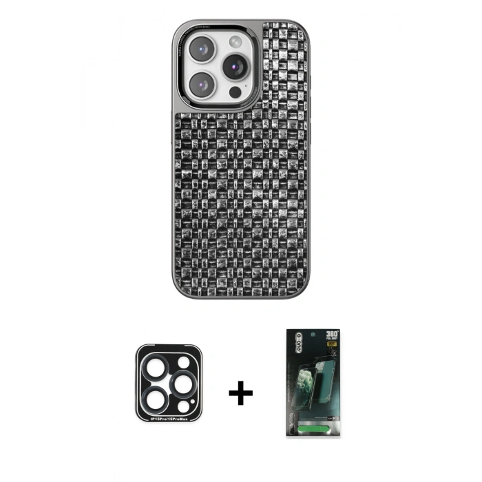 MARSİLYAN™- iPhone 15 Pro Max Kılıf Siluet Form Serisi - Şeffaf 360 Full Body Arka Koruyucu + PVD Metal Kamera Lens - LT