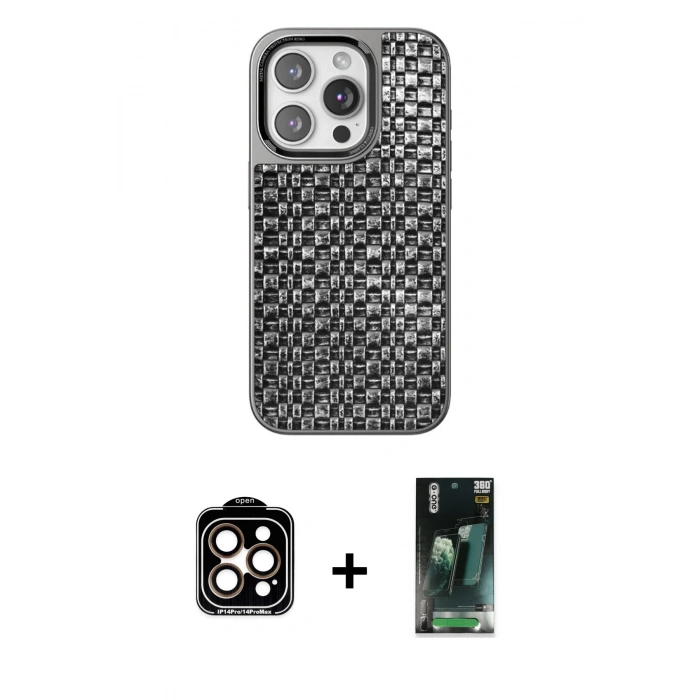 MARSİLYAN™- iPhone 15 Pro Max Kılıf Siluet Form Serisi - Şeffaf 360 Full Body Arka Koruyucu + Turuncu PVD Metal Kamera Lens