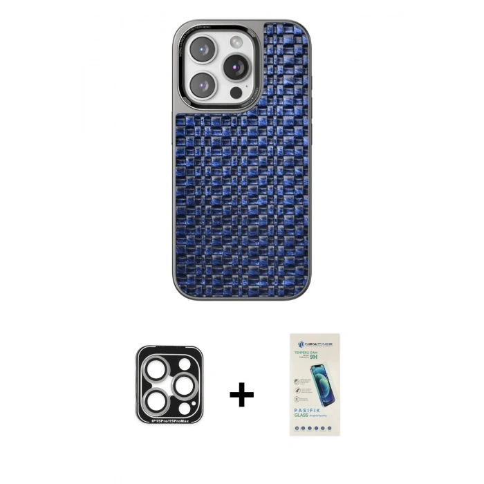 MARSİLYAN™- iPhone 15 Pro Max Kılıf Siluet Form Serisi - Şeffaf Pasifik Cam Ekran Koruyucu + Gümüş PVD Metal Kamera Lens