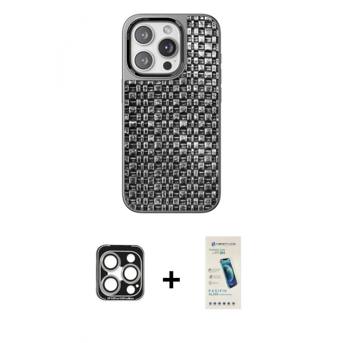 MARSİLYAN™- iPhone 15 Pro Max Kılıf Siluet Form Serisi - Şeffaf Pasifik Cam Ekran Koruyucu + Gümüş PVD Metal Kamera Lens