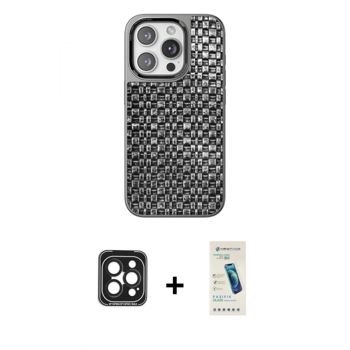 MARSİLYAN™- iPhone 15 Pro Max Kılıf Siluet Form Serisi - Şeffaf Pasifik Cam Ekran Koruyucu + Siyah PVD Metal Kamera Lens