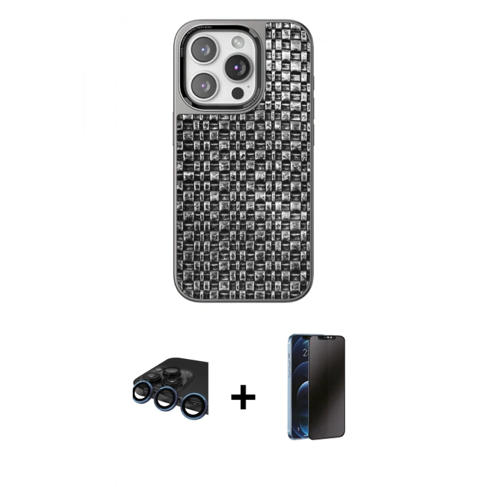 MARSİLYAN™- iPhone 15 Pro Max Kılıf Siluet Form Serisi - Siyah 3D Antistatik Hayalet Cam Ekran Koruyucu + Raze Metal Kamera Lens - LT