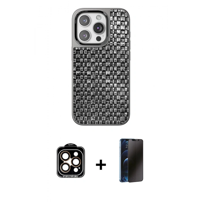 MARSİLYAN™- iPhone 15 Pro Max Kılıf Siluet Form Serisi - Siyah 3D Antistatik Hayalet Cam Ekran Koruyucu + Turuncu PVD Metal Kamera Lens