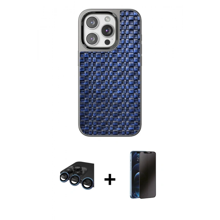 MARSİLYAN™- iPhone 15 Pro Max Kılıf Siluet Form Serisi - Siyah 3D Antistatik Hayalet Cam Ekran Koruyucu + Raze Metal Kamera Lens - LT