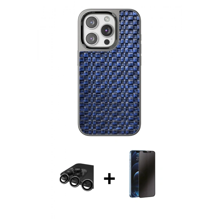 MARSİLYAN™- iPhone 15 Pro Max Kılıf Siluet Form Serisi - Siyah 3D Antistatik Hayalet Cam Ekran Koruyucu + Raze Metal Kamera Lens - TMGI