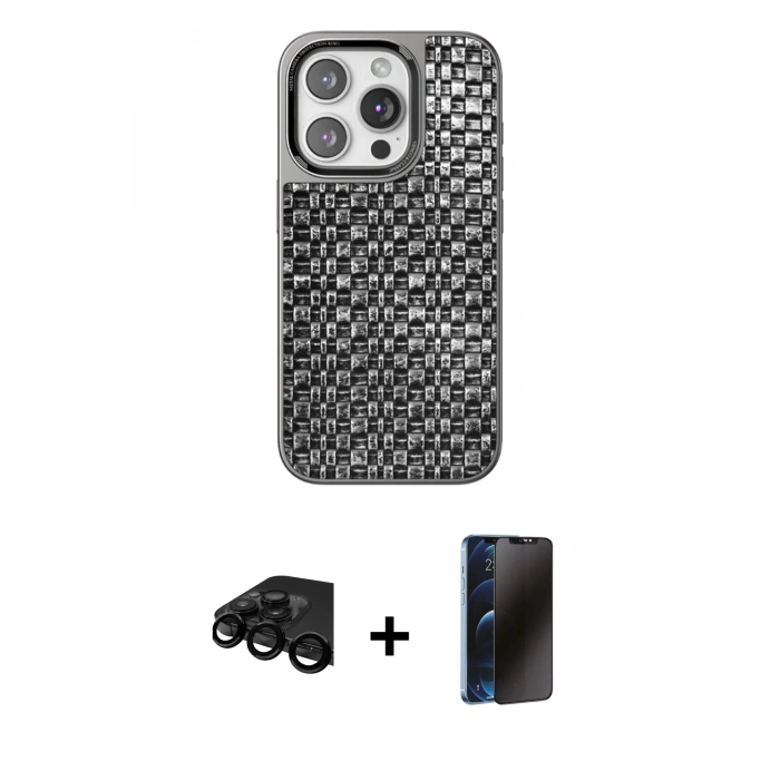 MARSİLYAN™- iPhone 15 Pro Max Kılıf Siluet Form Serisi - Siyah 3D Antistatik Hayalet Cam Ekran Koruyucu + Raze Metal Kamera Lens - SH