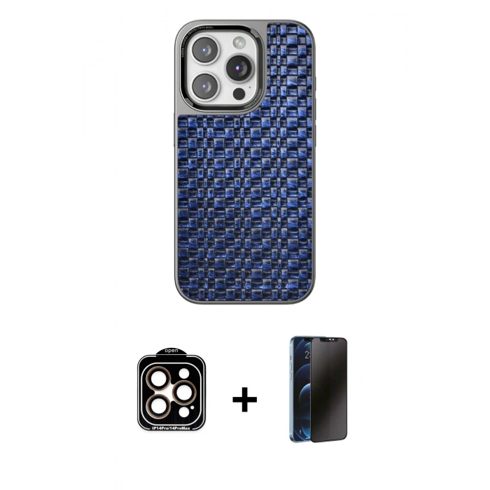 MARSİLYAN™- iPhone 15 Pro Max Kılıf Siluet Form Serisi - Siyah 3D Antistatik Hayalet Cam Ekran Koruyucu + Turuncu PVD Metal Kamera Lens