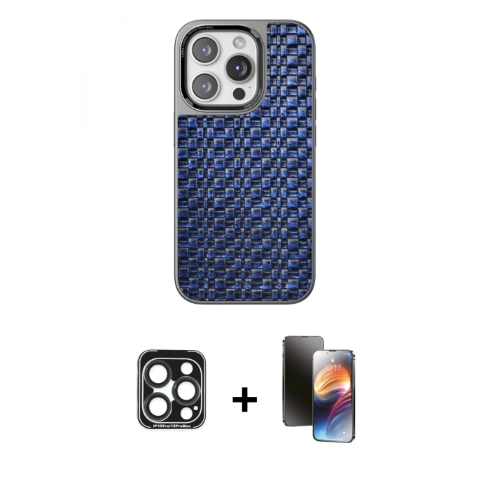 MARSİLYAN™- iPhone 15 Pro Max Kılıf Siluet Form Serisi - Siyah 3D Antistatik Mat Seramik Nano Ekran Koruyucu + PVD Metal Kamera Lens - LT