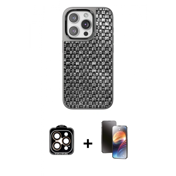 MARSİLYAN™- iPhone 15 Pro Max Kılıf Siluet Form Serisi - Siyah 3D Antistatik Mat Seramik Nano Ekran Koruyucu + PVD Metal Kamera Lens - TU