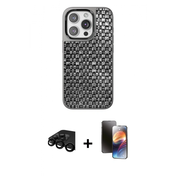 MARSİLYAN™- iPhone 15 Pro Max Kılıf Siluet Form Serisi - Siyah 3D Antistatik Mat Seramik Nano Ekran Koruyucu + Raze Metal Kamera Lens - SH
