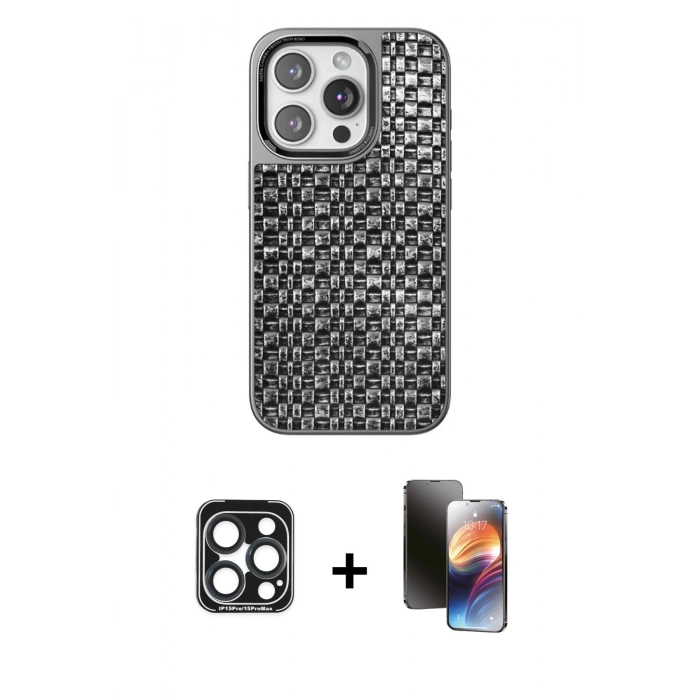 MARSİLYAN™- iPhone 15 Pro Max Kılıf Siluet Form Serisi - Siyah 3D Antistatik Mat Seramik Nano Ekran Koruyucu + PVD Metal Kamera Lens - LT