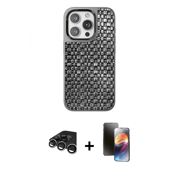 MARSİLYAN™- iPhone 15 Pro Max Kılıf Siluet Form Serisi - Siyah 3D Antistatik Mat Seramik Nano Ekran Koruyucu + Raze Metal Kamera Lens - GS