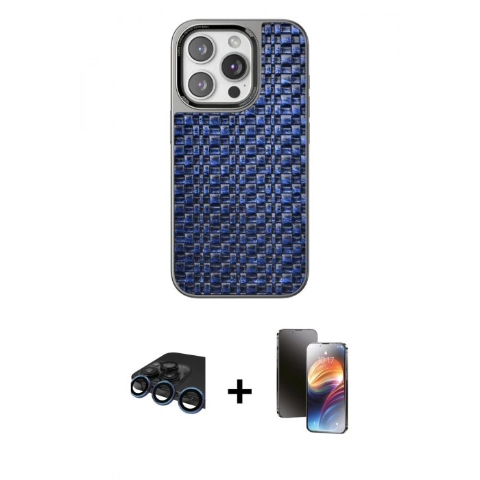 MARSİLYAN™- iPhone 15 Pro Max Kılıf Siluet Form Serisi - Siyah 3D Antistatik Mat Seramik Nano Ekran Koruyucu + Lacivert Raze Metal Kamera Lens
