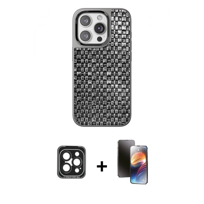 MARSİLYAN™- iPhone 15 Pro Max Kılıf Siluet Form Serisi - Siyah 3D Antistatik Mat Seramik Nano Ekran Koruyucu + Siyah PVD Metal Kamera Lens