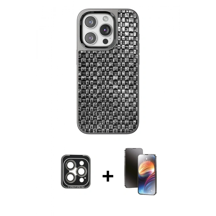 MARSİLYAN™- iPhone 15 Pro Max Kılıf Siluet Form Serisi - Siyah 3D Antistatik Mat Seramik Nano Ekran Koruyucu + PVD Metal Kamera Lens - GI