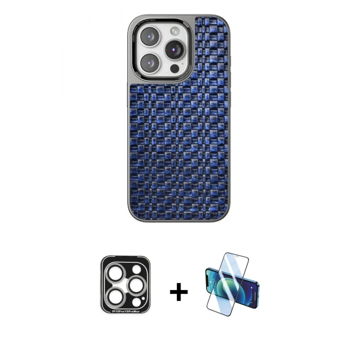 MARSİLYAN™- iPhone 15 Pro Max Kılıf Siluet Form Serisi - Siyah 3D Antistatik Seramik Nano Ekran Koruyucu + PVD Metal Kamera Lens - GS