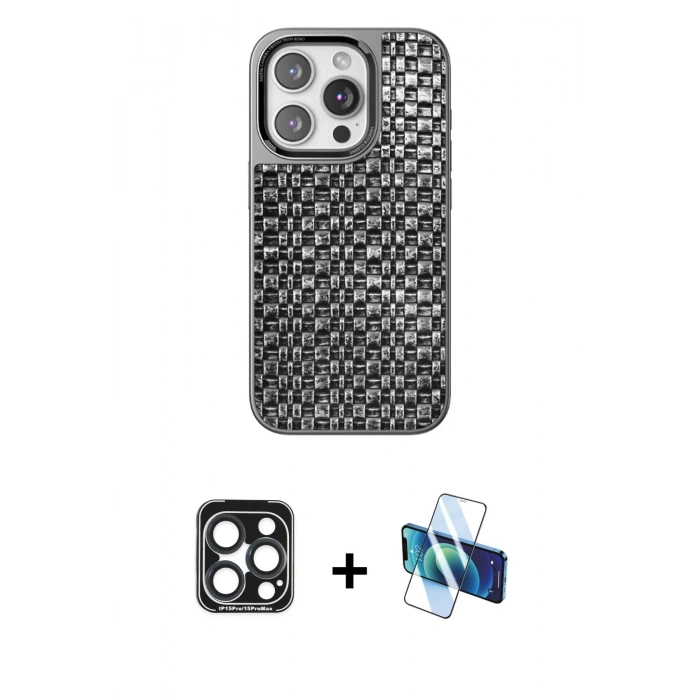 MARSİLYAN™- iPhone 15 Pro Max Kılıf Siluet Form Serisi - Siyah 3D Antistatik Seramik Nano Ekran Koruyucu + PVD Metal Kamera Lens - LT