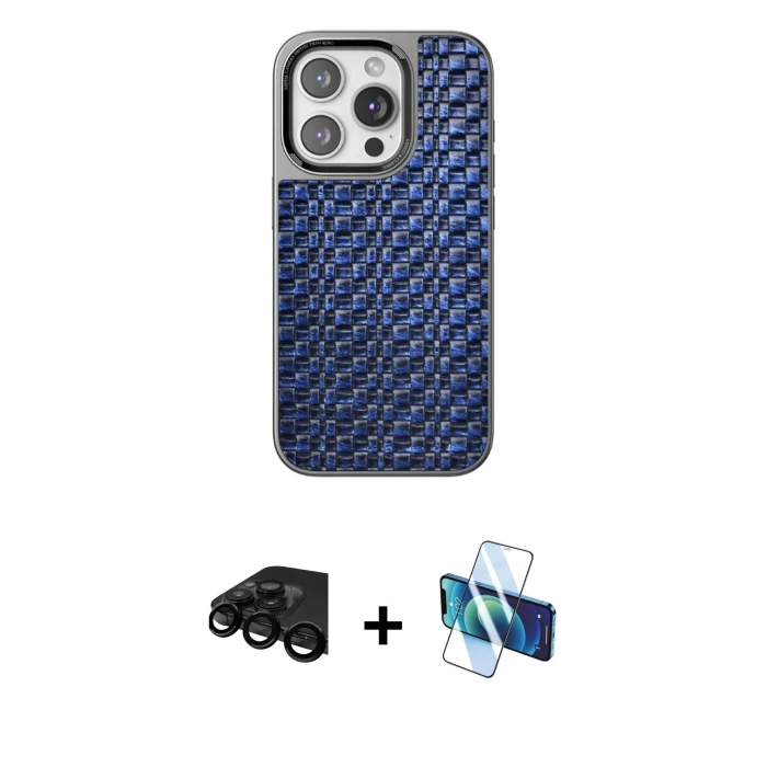 MARSİLYAN™- iPhone 15 Pro Max Kılıf Siluet Form Serisi - Siyah 3D Antistatik Seramik Nano Ekran Koruyucu + Raze Metal Kamera Lens - SH