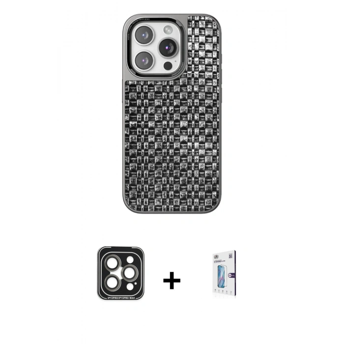 MARSİLYAN™- iPhone 15 Pro Max Kılıf Siluet Form Serisi - Siyah Bilvis 0.18mm Plus Cam Ekran Koruyucu + PVD Metal Kamera Lens - GI
