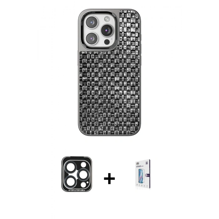 MARSİLYAN™- iPhone 15 Pro Max Kılıf Siluet Form Serisi - Siyah Bilvis 0.18mm Plus Cam Ekran Koruyucu + PVD Metal Kamera Lens - LT