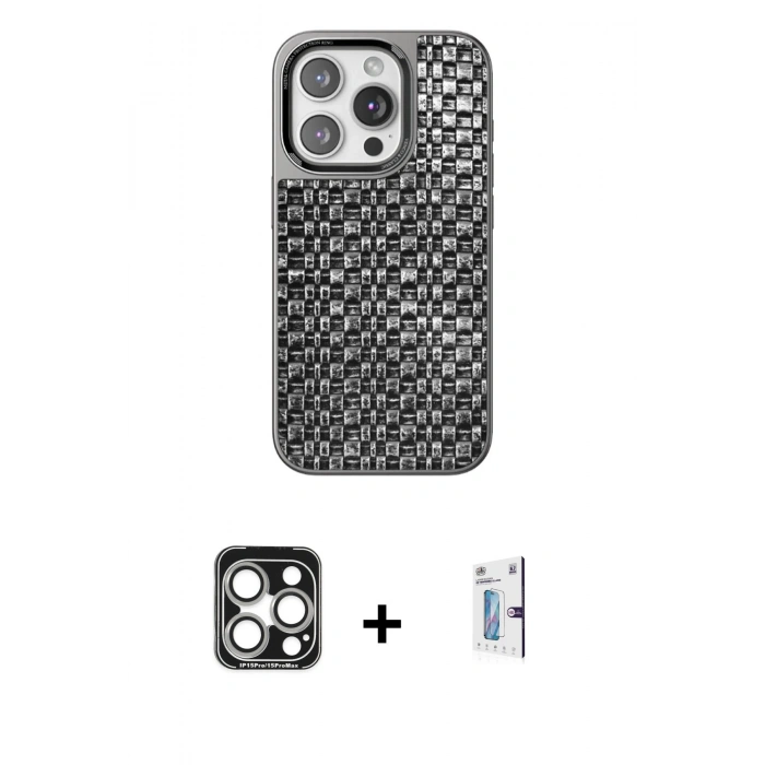 MARSİLYAN™- iPhone 15 Pro Max Kılıf Siluet Form Serisi - Siyah Bilvis 0.18mm Plus Cam Ekran Koruyucu + PVD Metal Kamera Lens - GS