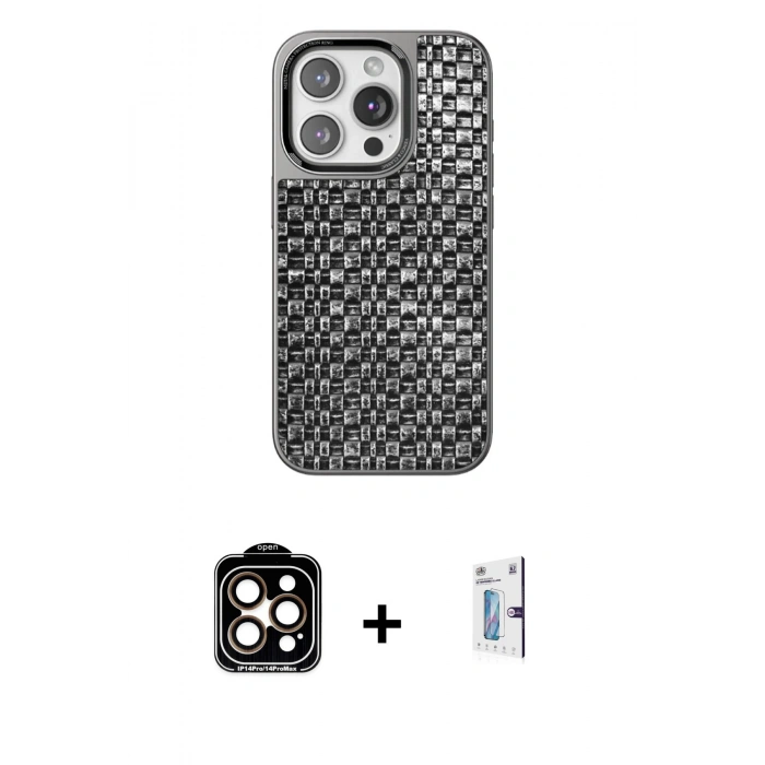 MARSİLYAN™- iPhone 15 Pro Max Kılıf Siluet Form Serisi - Siyah Bilvis 0.18mm Plus Cam Ekran Koruyucu + PVD Metal Kamera Lens - TU