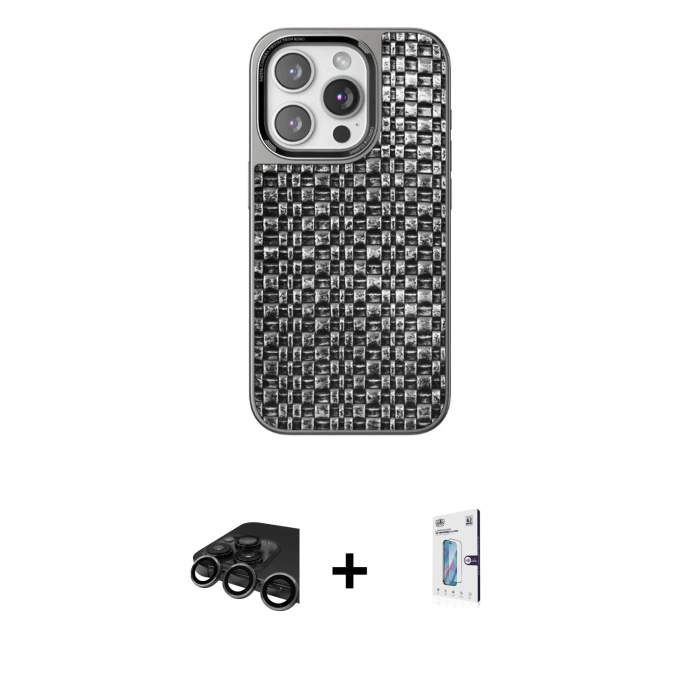 MARSİLYAN™- iPhone 15 Pro Max Kılıf Siluet Form Serisi - Siyah Bilvis 0.18mm Plus Cam Ekran Koruyucu + Raze Metal Kamera Lens - TMGI