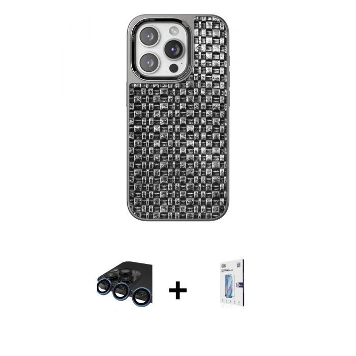 MARSİLYAN™- iPhone 15 Pro Max Kılıf Siluet Form Serisi - Siyah Bilvis 0.18mm Plus Cam Ekran Koruyucu + Raze Metal Kamera Lens - LT