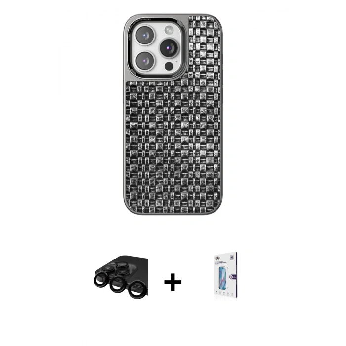 MARSİLYAN™- iPhone 15 Pro Max Kılıf Siluet Form Serisi - Siyah Bilvis 0.18mm Plus Cam Ekran Koruyucu + Raze Metal Kamera Lens - SH