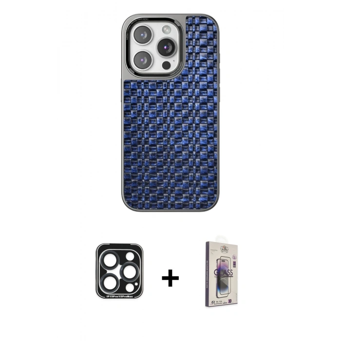 MARSİLYAN™- iPhone 15 Pro Max Kılıf Siluet Form Serisi - Siyah Bilvis 3D Cam Ekran Koruyucu + PVD Metal Kamera Lens - LT
